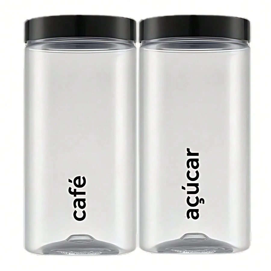 Kit 2 Potes Açúcar Café Mantimento Grande Plástico Cristal 2 Litros - Preto - Visão 1