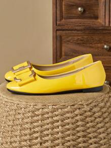 WHDXY Giày đế bằng mũi vuông thời trang nữ, Giày đế bằng mũi vuông nhiều màu phù hợp với quần jeans, Quần ống loe, Giày ba lê xỏ ngón thường ngày, Đa năng màu đỏ rượu vang và đen - Màu vàng - Xem 3