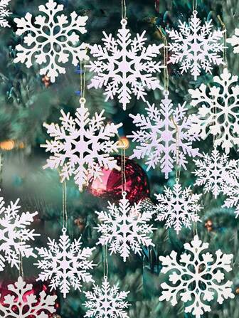 36 件闪亮白色塑料雪花饰品，圣诞树装饰雪花，节日派对，家居装饰