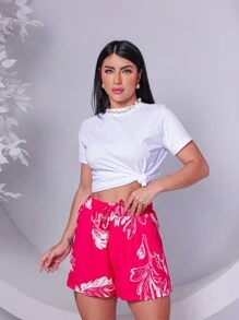 Women's Printed Shorts With Drawstring - Màu Hồng Tươi - Xem 3
