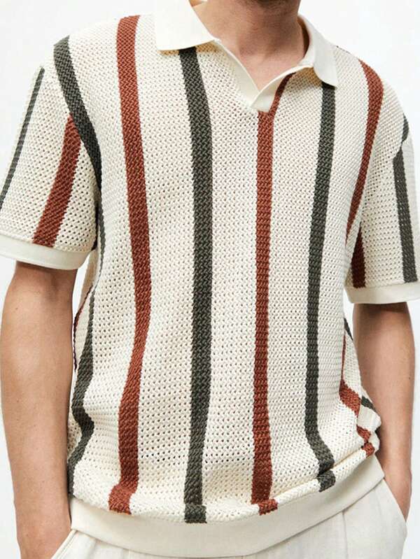 Suéter tipo pullover de punto, camisa polo de punto casual con contraste a rayas. Camisa polo de manga corta de punto para hombre con diseño a rayas, cómoda y de moda para el verano. Tejido suave, cuello clásico, ropa diaria y de exterior versátil y con estilo para hombres