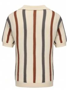 针织套衫，条纹撞色休闲针织 Polo 衫男士短袖针织 Polo 衫条纹设计休闲舒适时尚夏装柔软面料经典领口男士服装日常户外服装百搭时尚男士 Polo 衫