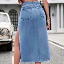 falda larga de mezclilla con abertura - Azul lavado medio - Ver 2