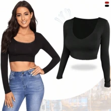 Camiseta sexy de manga larga ajustada hasta el ombligo con escote bajo y ultracorto para mujer Camiseta de manga larga para mujer, camiseta informal ajustada de color liso simple con ombligo expuesto - Rojo - Ver 3