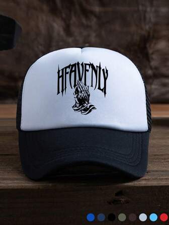 1 件男女通用字母和手势印花户外休闲可调节尺寸透气棒球网帽，卡车司机帽，适合日常佩戴