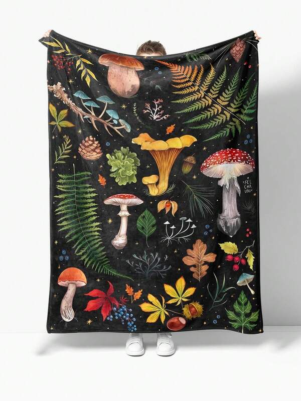 1 peça Cobertor de flanela macio e confortável com padrão de cogumelo, adequado para sofá, cama, sala de estar, viagem, escritório, manta para colo, cobertor de cochilo, cobertor de ar-condicionado, colcha, acampamento, decoração de parede, presente ideal, presente diário, presente de feriado