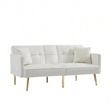Cream White Velvet Futon Sofa Bed With Gold Metal Legs, Suitable For Living Room, Bedroom, Office - Cream White + Velvet + Foam + 2 Seat-1 - View 1