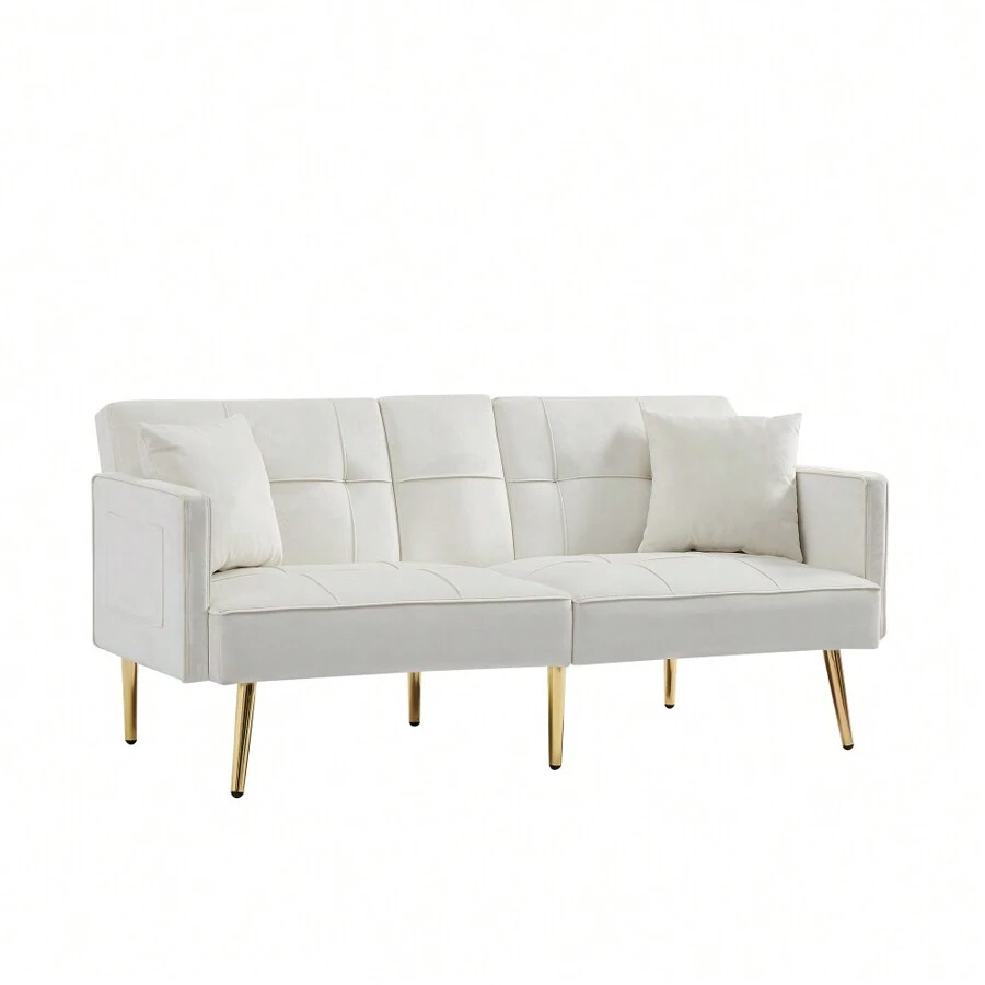 Cream White Velvet Futon Sofa Bed With Gold Metal Legs, Suitable For Living Room, Bedroom, Office - Cream White + Velvet + Foam + 2 Seat-1 - View 1