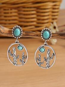 1 对复古几何镂空绿松石耳环，仙人掌设计耳环，新品 - 銀色 - 查看 5