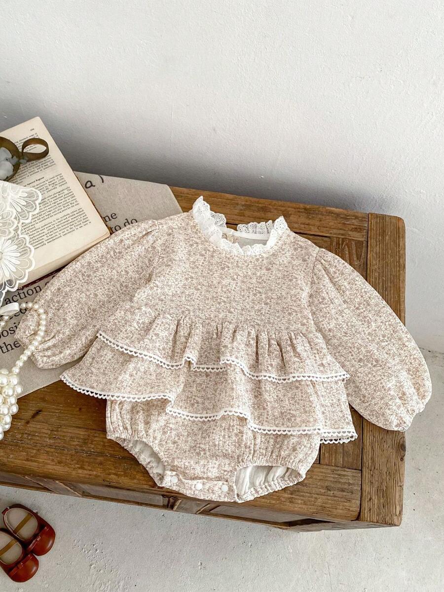 Autumn New Baby Girls Bodysuit Crawling Suit Large Size Lantern Sleeve Lightweight Double Ruffle Skirt Gauze Print Long Sleeve Very Loose And Oversized (Size Runs Large, Please Order One Size Down)