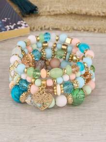 4 sztuki Boho Retro Style White Multi-Layer Pearl, Heart Pendant Women Bransoletki Zestaw