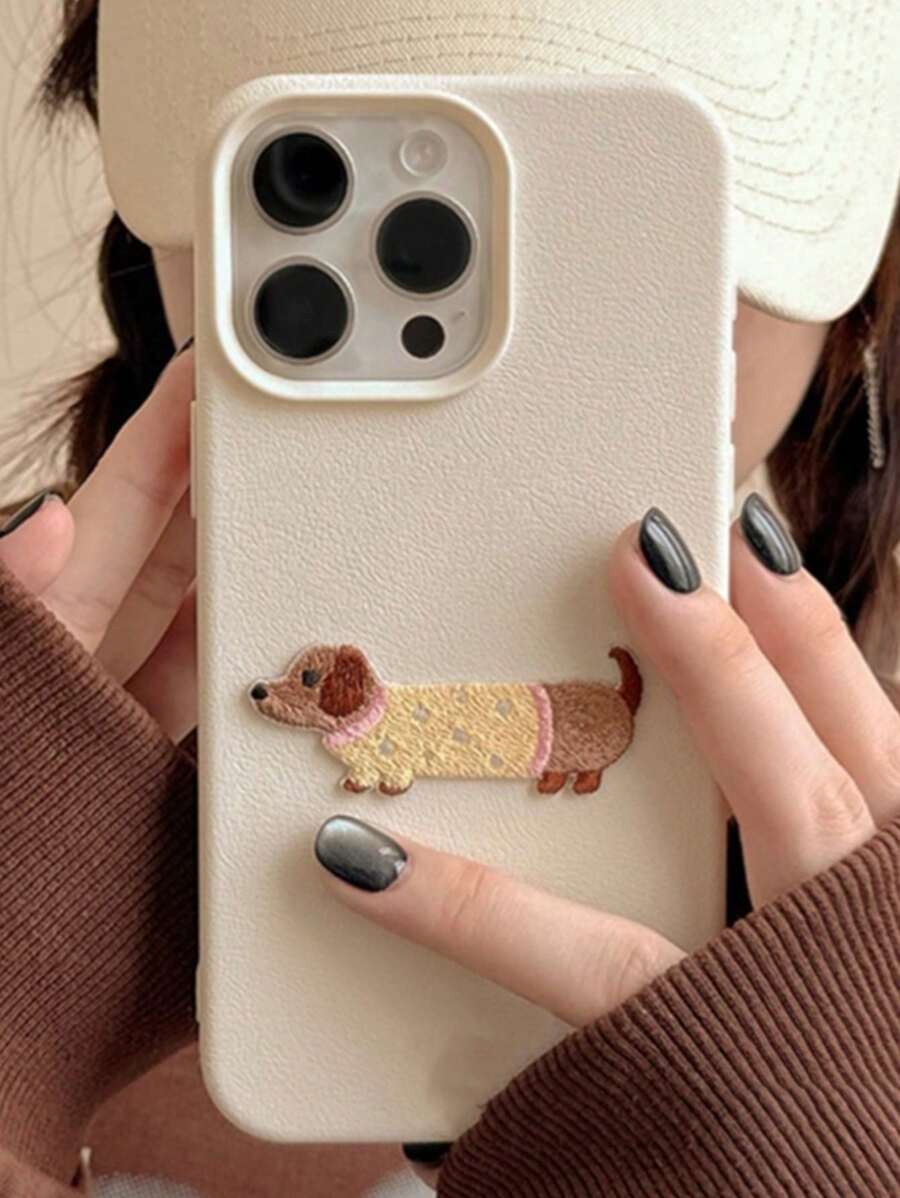 苹果狗 1 件可爱卡通腊肠犬小狗皮革手机壳适用于 16 15 13 14 11 12 Pro Max Plus 可爱刺绣柔软硅胶透明保护套防水防震防摔防刮 - 白色 - 查看 1