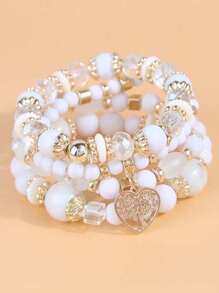 4 sztuki Boho Retro Style White Multi-Layer Pearl, Heart Pendant Women Bransoletki Zestaw