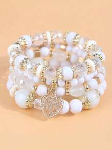 4 sztuki Boho Retro Style White Multi-Layer Pearl, Heart Pendant Women Bransoletki Zestaw
