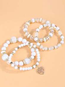 4 sztuki Boho Retro Style White Multi-Layer Pearl, Heart Pendant Women Bransoletki Zestaw