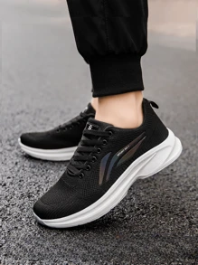 Men Lace-Up Breathable Knit Round Toe Thick Sole Fashionable Comfortable Casual Mesh Sneakers, Black