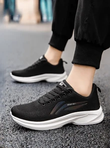 Men Lace-Up Breathable Knit Round Toe Thick Sole Fashionable Comfortable Casual Mesh Sneakers, Black