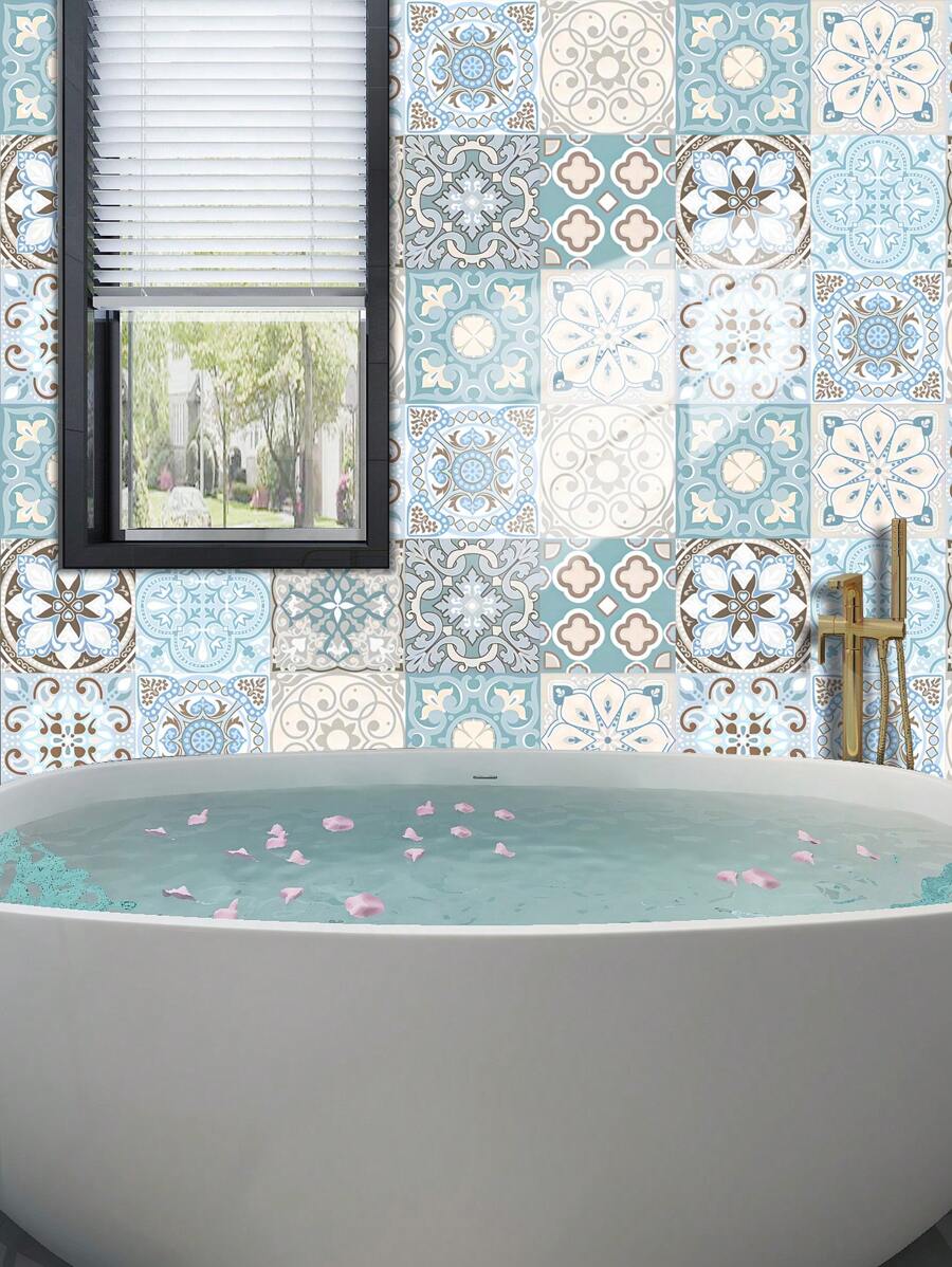 10 pièces Autocollant mural imitation carreau céramique imprimé de motif floral en PVC, papier peint autocollant en mosaïque DIY, décoration murale imperméable anti-saleté pour la cuisine, la salle de bain et le salon
