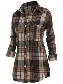 女士休闲格子长袖衬衫，秋季，长袖上衣 - 彩色 - 查看 3