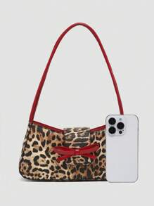 1pc Vintage Minimalist Ballet Style Bow Leopard Print Exposed Lining Yellow Polka Dot Angora Decor Shoulder Baguette Bag, Suitable For Dates, Outings, Parties, Valentine's Day - Multicolor - View 4