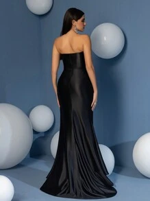 Elegant Column Sheath Boat Neck High Split Evening Dress Shimmering All Black Beaded Sequin Patchwork Pleated Prom Dress Party Dress Cocktail Dress Bridesmaid Dress - 黑色 - 查看 2