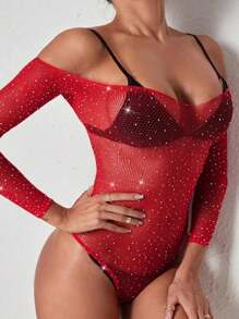 1PC Sexy Lingerie Christmas Rhinestone Bodysuit Hollow Out Bodystocking Without Underwear Valentine's Day
