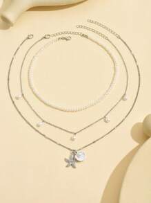 Bộ 3 chiếc/Bộ vòng cổ bạc tua rua ngọc trai giả hình sao biển, vòng cổ choker nhiều lớp đính hạt dành cho nữ, thích hợp để đeo hàng ngày và đi biển - Ngọc Trai Giả + Sao Biển K Trắng - Xem 3