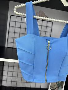 Women's Cropped Top With Neoprene Cups \ Zipper That Can Be Opened - 淺藍色 - 查看 2