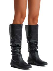 Comfyshoes Women's Knee High Boots, Tall Slouch Boots With Inside Zipper - 黑色PU - 查看 3
