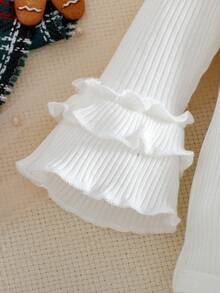 Baby Girl's Christmas Santa Claus Print Ruffle Sleeve Bodysuit & Bow Santa Allover Print Flared Pants Set With Headband - White - View 5