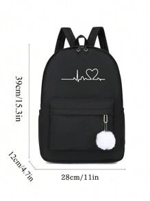 1pc Black Fashionable Minimalist Versatile Heart & Butterfly Print Casual Backpack, Large Capacity For Students, Commuting & Travel, School Backpack - Black - View 3