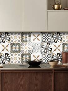 10 pièces Autocollant mural imitation carreau céramique imprimé de motif floral en PVC, papier peint autocollant en mosaïque DIY, décoration murale imperméable anti-saleté pour la cuisine, la salle de bain et le salon
