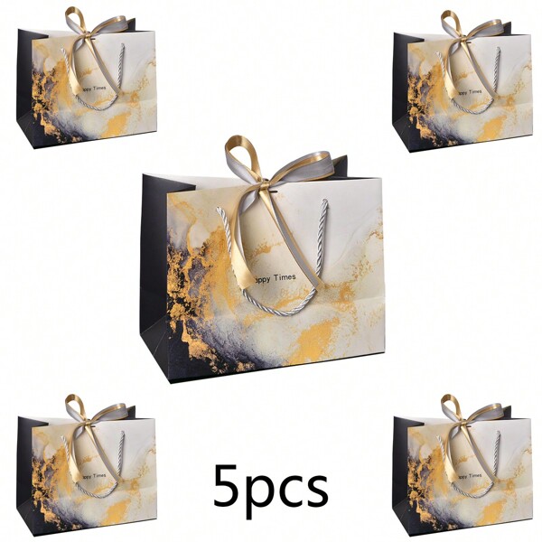 5pcs/Set Marble Pattern Gift Bags, Fashion Tote Bags For Apparel, Jewelry Stores, Suitable For Small Commodity Packaging, With Dual-Color Ribbons