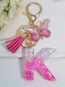 1pc English Letter Key Chain, European And American Style Charm Keychain With Butterfly Tassel Pendant Gift Souvenir Car Accessories Bag Charm School Cute Goth Y2k