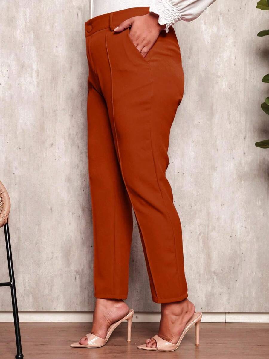 Plus Size Tailored Pants With High Waist - Burnt Orange - View 1