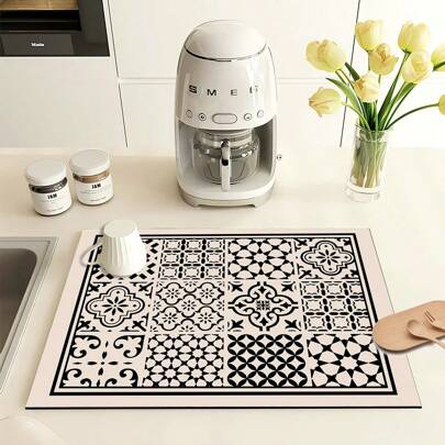 1 件复古几何图案排水垫，新型吸水厨房台面干燥垫，碗碟干燥垫 - 柔软硅胶防滑速干垫，适用于厨柜、咖啡机