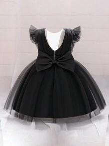 Baby Girls' Solid Color Mesh Back Bow Decor Tutu, Cute & Flower Girl Dress For Outdoor Party, Without Headpiece