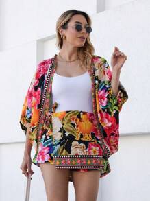 Women's 2 Pc Set (Kimono + Short Skirt), Print - Flowers, Leaves, Birds. . Crepe Fabric, One Size Fits 42, National Shipping, Promotion Day 11.11 Day 12.12 Refresh Your Summer, - 黑色 - 查看 6