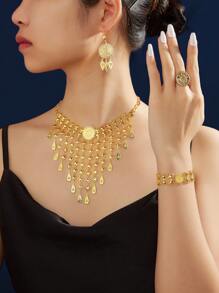 Juego de joyas de lujo chapado en oro de 18K con diseño cuadrado elegante para mujer, que incluye collar, aretes, pulsera y anillo, adecuado para Nigeria, Dubái, Oriente Medio, Arabia Saudita, novia, boda, uso diario, regalo de aniversario, regalo de Halloween - Dorado - Ver 2