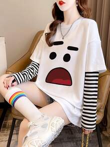 女式长袖 T 恤，条纹设计，宽松修身