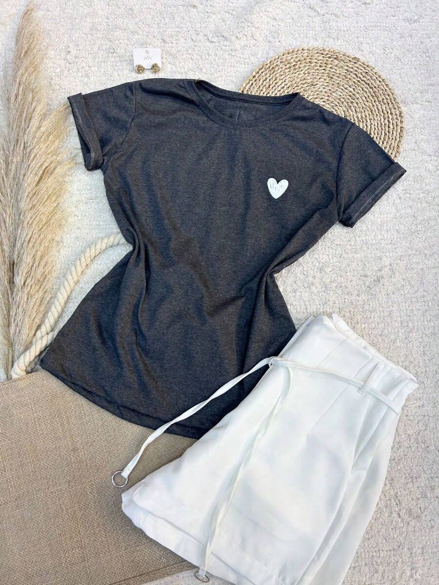 Women's Heart Printed T-Shirt - Dark Grey - View 1