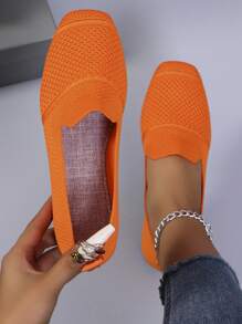 Women Knitted Flat Loafers Slip-On Square Toe Comfortable Casual Shoes For Mom, Spring/Autumn - Orange - View 2