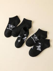 5 Pairs Women's Black Butterfly Pattern Ankle Socks - Black - View 4