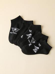 5 Pairs Women's Black Butterfly Pattern Ankle Socks - Black - View 5