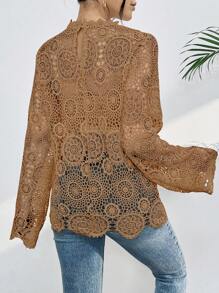 Women's Lace Gripir Blouse Elegant Long Sleeve High Neck - Màu Khaki - Xem 5