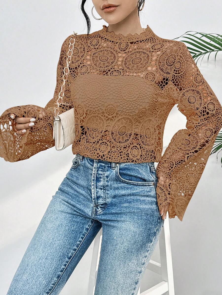 Women's Lace Gripir Blouse Elegant Long Sleeve High Neck - Màu Khaki - Xem 1