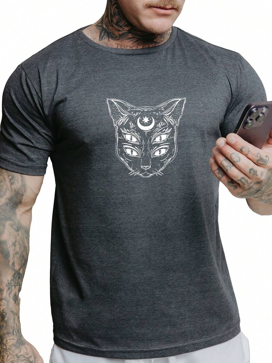 T-Shirt Unisex Oversize Men's Shirt 100% Cotton Mystical Cat 7110 - 深灰色 - 查看 1