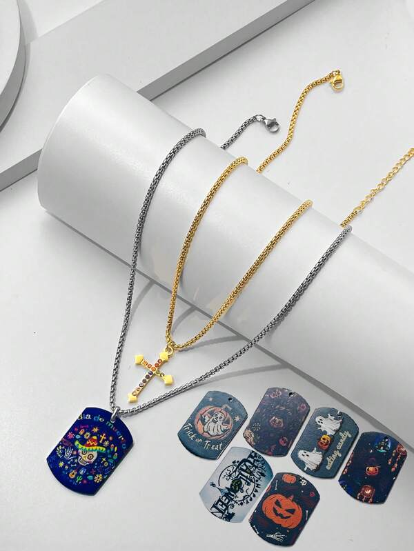 2pcs Halloween Holiday Party Fashion Personalized Necklace, Pumpkin Cross Double-Layer Pendant For Men & Women