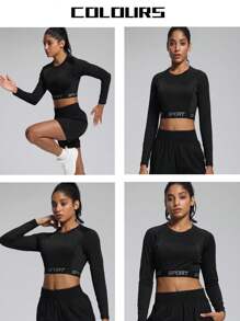 Camisa de compresión de secado rápido para mujer, camisa ajustada para entrenamiento de mujer, camisa de estilo corto para ropa deportiva, ropa deportiva para mujer - Negro - Ver 2