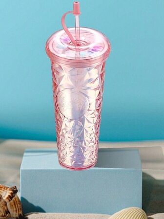 Vaso Con Popote Gradiente 770ML, Vaso Brillante De Plástico Con Tapa Con Forma De Dona